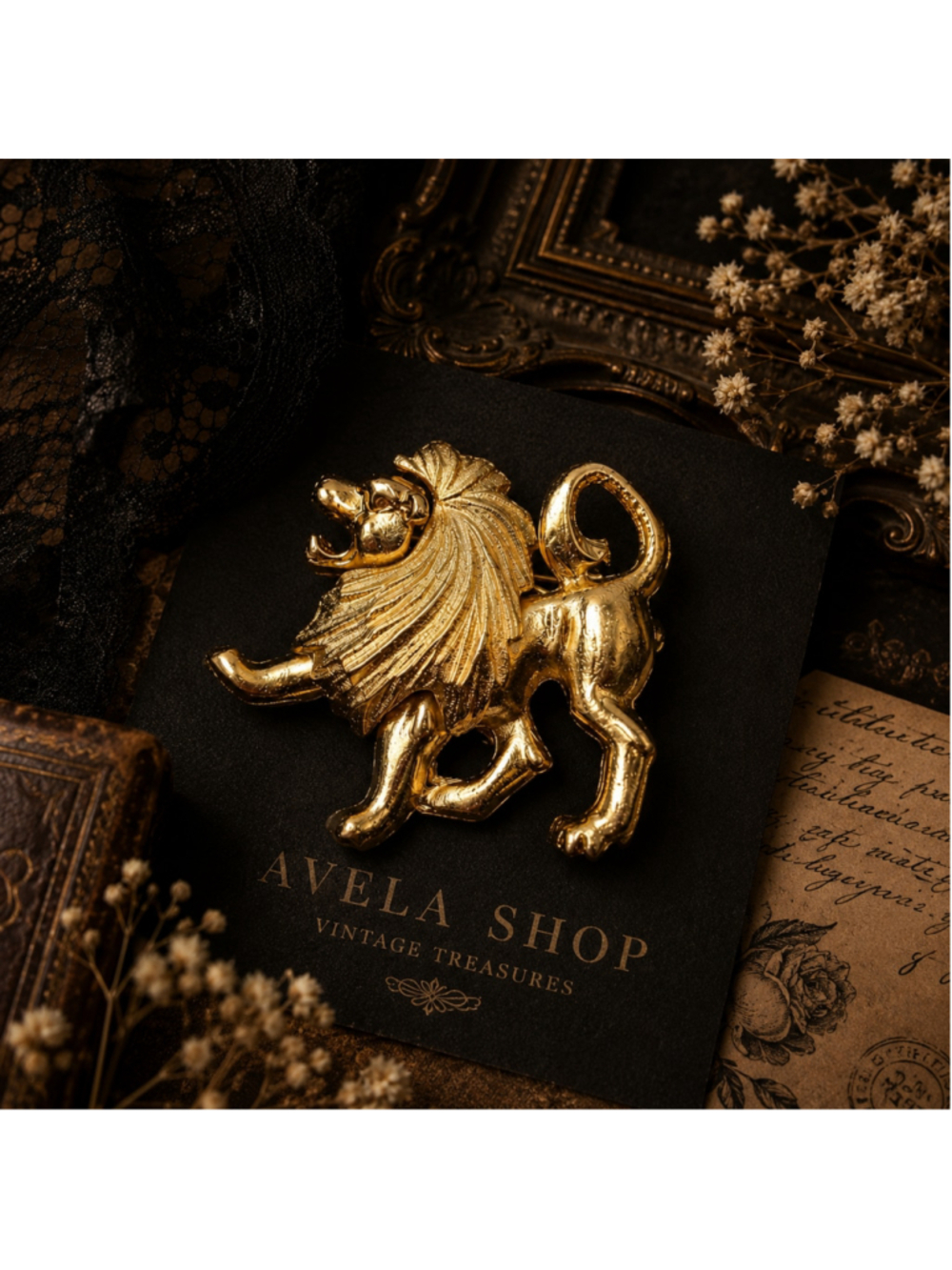 Vintage 1980s Gold Tone Roaring Lion Figural Brooch Pin Statement Animal